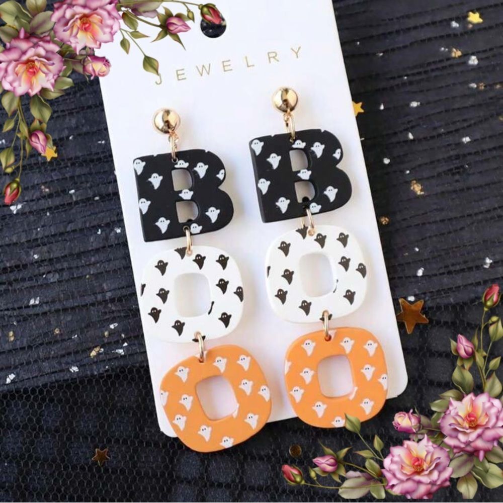 Halloween ghosts Black, White, and Orange‎ BOO Earrings